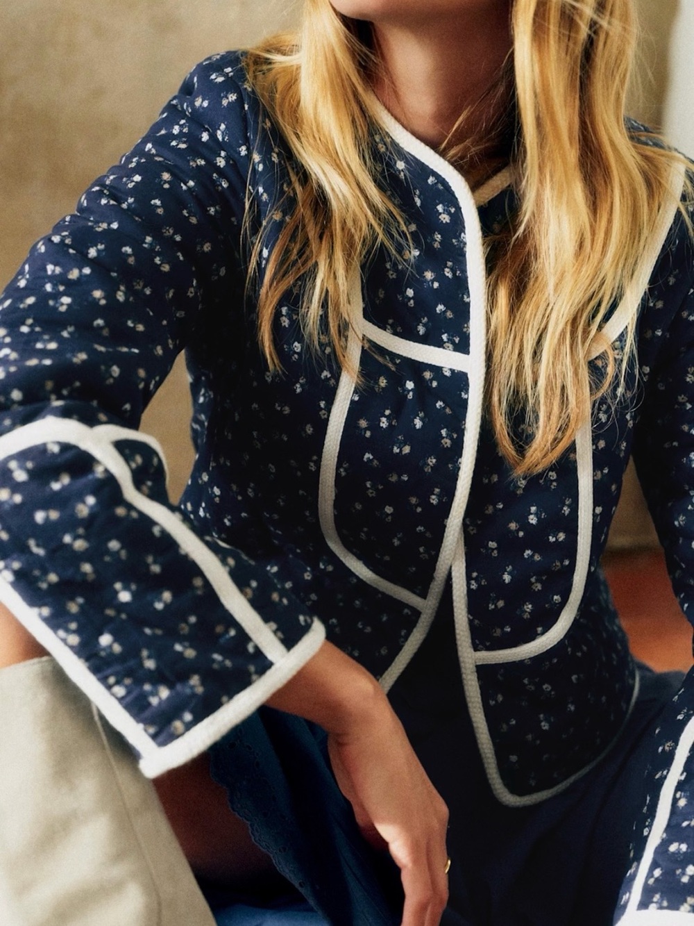 Sézane Navy Floral Quilted Jacket